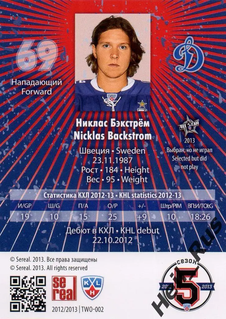 Хоккей. Карточка Никлас Бэкстрем (Динамо Москва) КХЛ/KHL сезон 2012/13 SeReal 1
