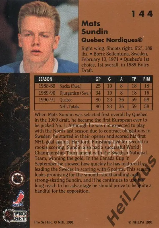 Хоккей; Карточка Mats Sundin/Матс Сундин Quebec Nordiques/Квебек Нордикс НХЛ/NHL 1