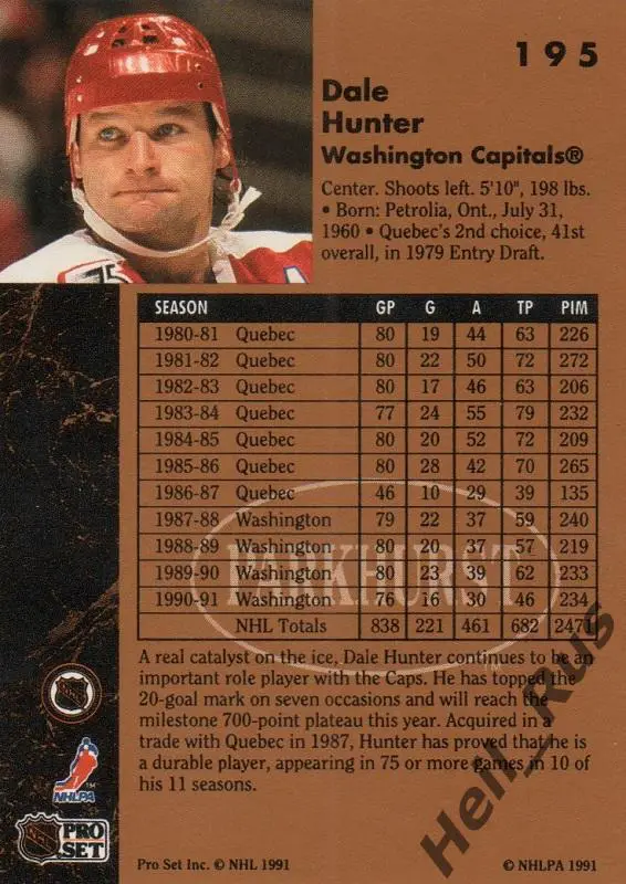 Хоккей. Карточка Dale Hunter/Дэйл Хантер Washington Capitals / Вашингтон НХЛ/NHL 1