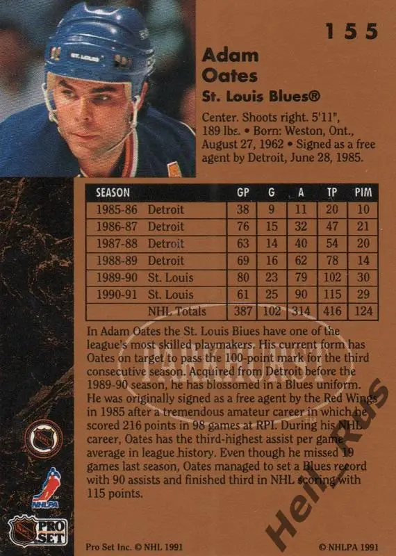 Хоккей. Карточка Adam Oates / Адам Оутс (St. Louis Blues/Сент-Луис Блюз) НХЛ/NHL 1