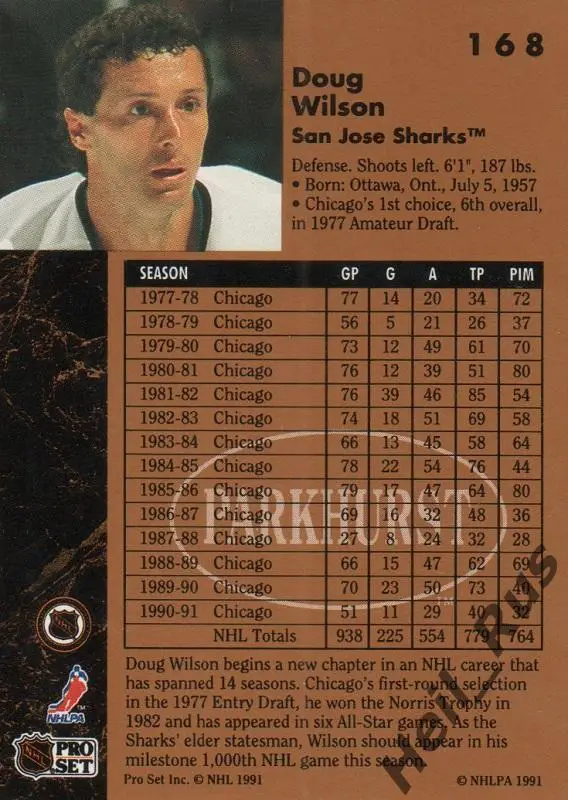 Хоккей. Карточка Doug Wilson / Дуг Уилсон San Jose Sharks/Сан-Хосе Шаркс НХЛ/NHL 1