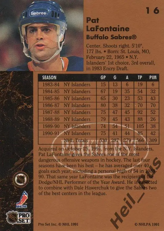 Хоккей; Карточка Pat LaFontaine / Пэт Лафонтейн (Buffalo Sabres/Баффало) НХЛ/NHL 1