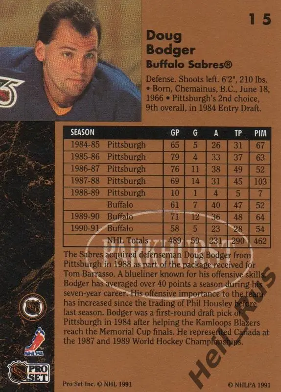 Хоккей; Карточка Doug Bodger/Дуг Боджер (Buffalo Sabres/Баффало Сейбрз) НХЛ/NHL 1