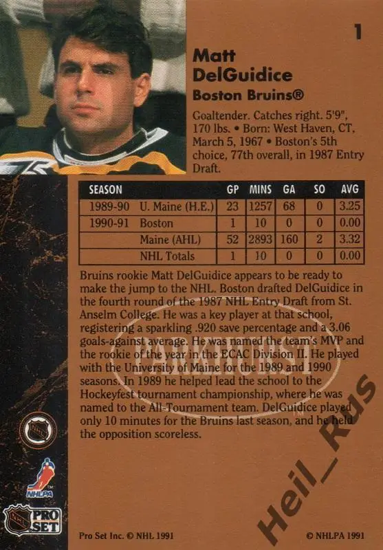 Хоккей. Карточка Matt DelGuidice/Мэтт Делгайдис (Boston Bruins / Бостон) НХЛ/NHL 1