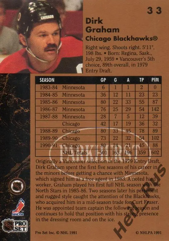 Хоккей Карточка Dirk Graham/Дирк Грэм Chicago Blackhawks/Чикаго Блэкхокс NHL/НХЛ 1