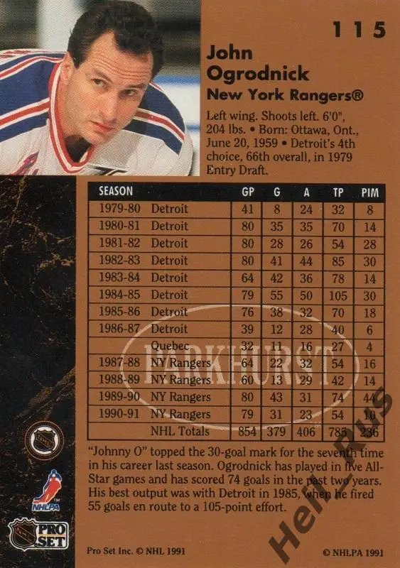 Хоккей Карточка John Ogrodnick/Джон Огродник (New York Rangers/Нью-Йорк) НХЛ/NHL 1