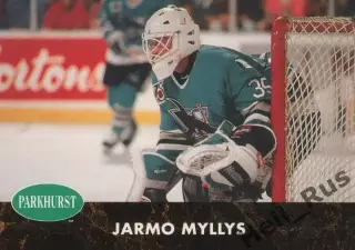 Хоккей. Карточка Jarmo Myllys/Ярмо Мюллюс San Jose Sharks/Сан-Хосе Шаркс НХЛ/NHL