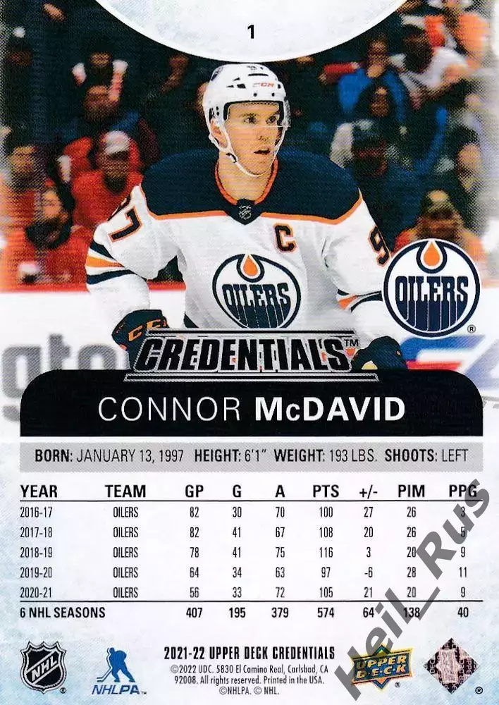 Карточка Connor McDavid/Коннор Макдэвид Edmonton Oilers/Эдмонтон Ойлерз NHL/НХЛ 1