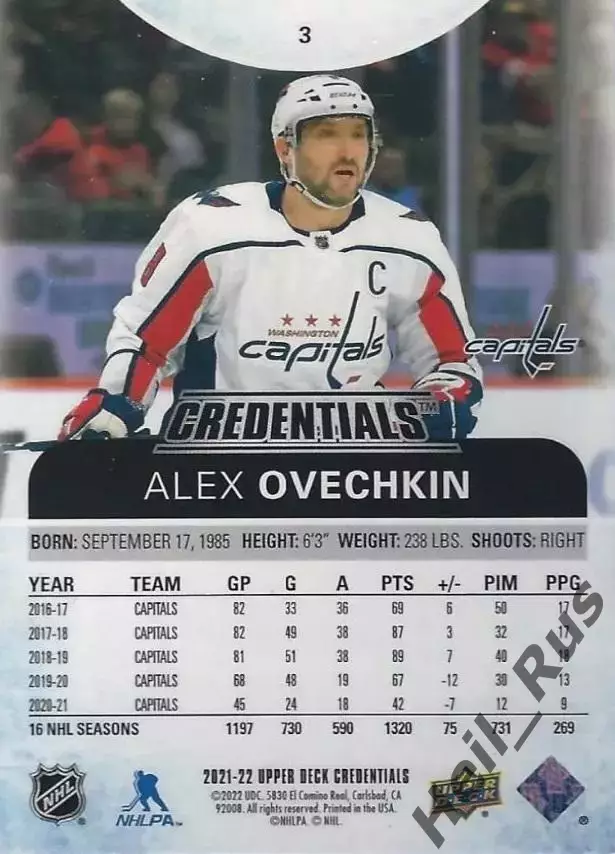 Карточка Александр Овечкин Washington Capitals-Вашингтон, Динамо Москва НХЛ, КХЛ 1