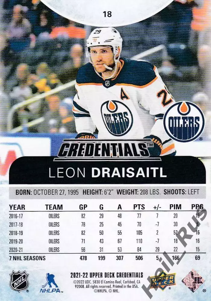 Карточка Leon Draisaitl/Леон Драйзайтль Edmonton Oilers/Эдмонтон Ойлерз НХЛ/NHL 1