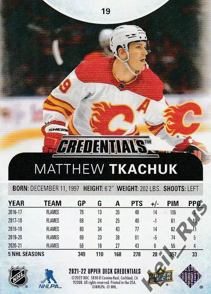 Карточка Matthew Tkachuk/Мэттью Ткачук (Calgary Flames/Калгари Флэймз) NHL/НХЛ 1