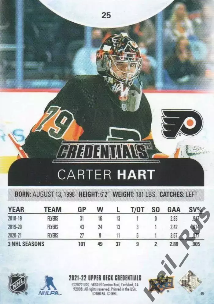 Карточка Carter Hart/Картер Харт Philadelphia Flyers/Филадельфия Флайерз НХЛ/NHL 1