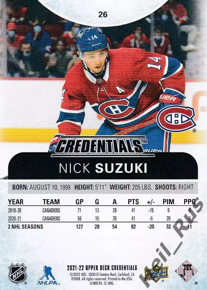 Хоккей; Карточка Nick Suzuki/Ник Сузуки (Montreal Canadiens/Монреаль) НХЛ/NHL 1