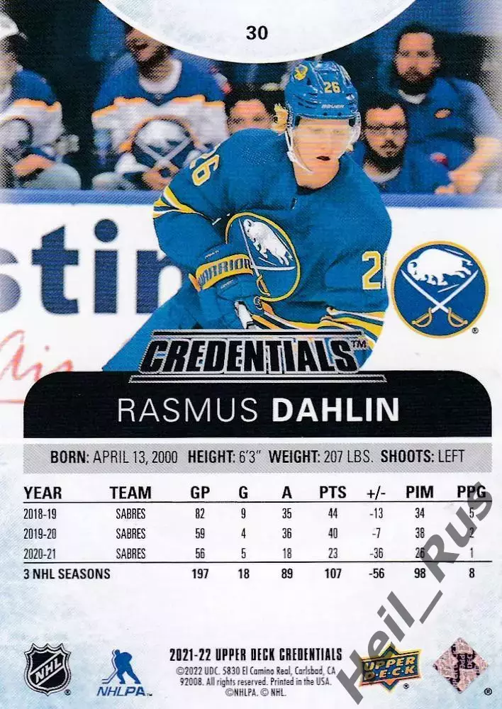 Хоккей Карточка Rasmus Dahlin/Расмус Далин Buffalo Sabres/Баффало Сейбрз NHL-НХЛ 1