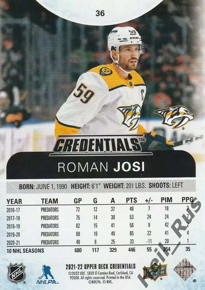Карточка Roman Josi/Роман Йоси (Nashville Predators/Нэшвилл Предаторз) НХЛ/NHL 1