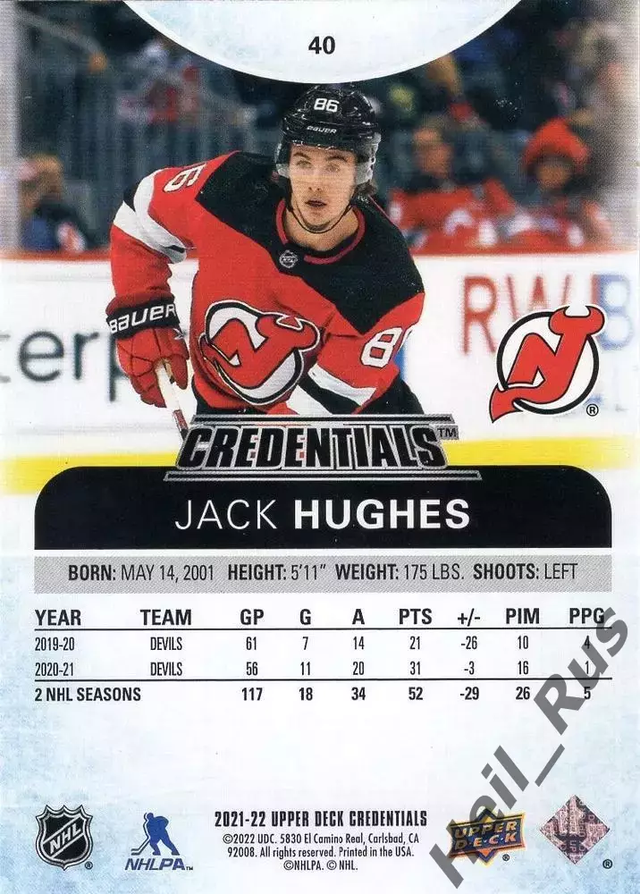 Карточка Jack Hughes/Джек Хьюз (New Jersey Devils/Нью-Джерси Девилз) НХЛ / NHL 1