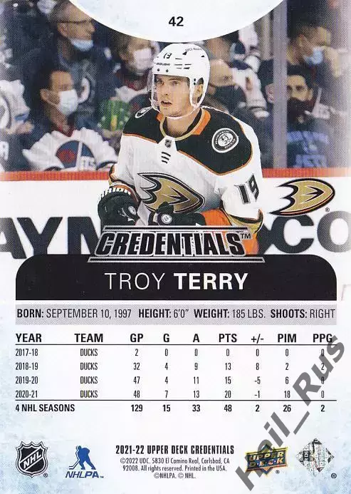 Хоккей. Карточка Troy Terry/Трой Терри (Anaheim Ducks/Анахайм Дакс) НХЛ/NHL 1