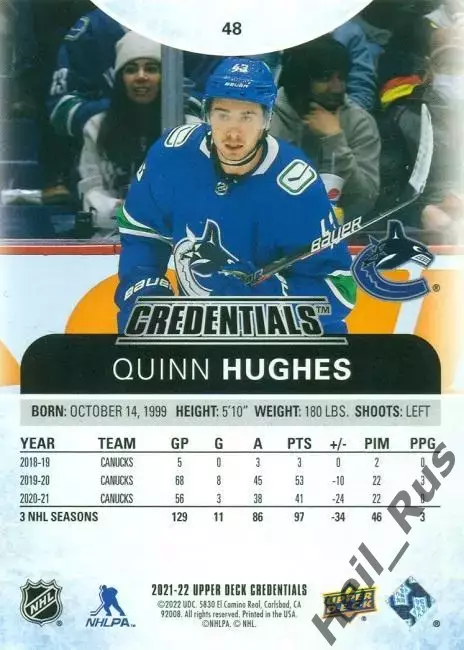 Карточка Quinn Hughes / Куинн Хьюз (Vancouver Canucks/Ванкувер Кэнакс) НХЛ/NHL 1