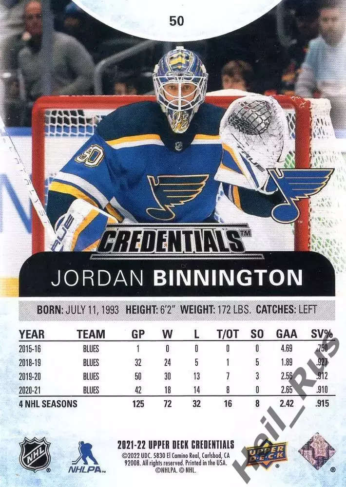 Карточка Jordan Binnington/Джордан Биннингтон St. Louis Blues/Сент-Луис НХЛ NHL 1