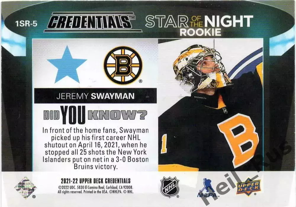 Карточка Jeremy Swayman / Джереми Суэймэн (Boston Bruins/Бостон Брюинз) НХЛ/NHL 1
