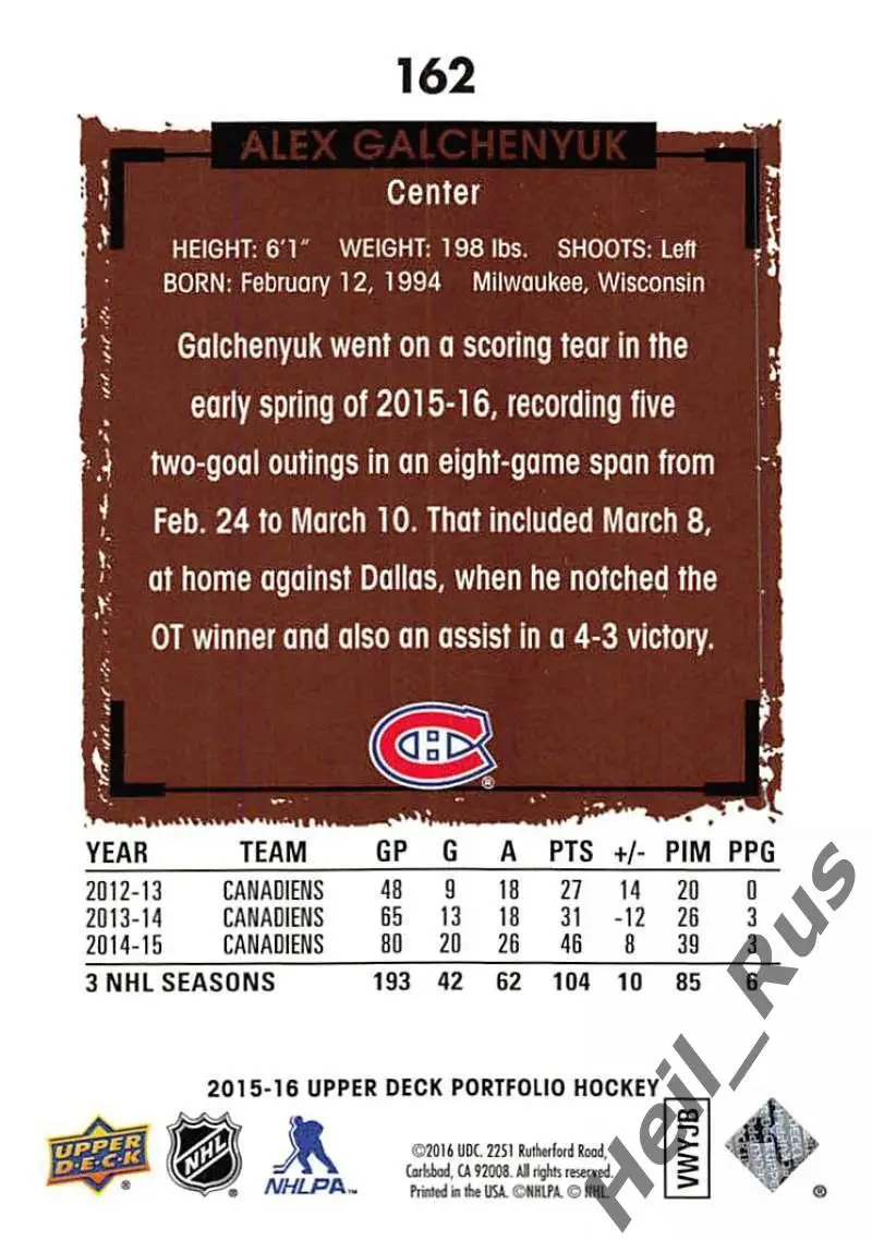 Карточка Александр Гальченюк Montreal Canadiens/Монреаль, СКА, Амур НХЛ/NHL, КХЛ 1