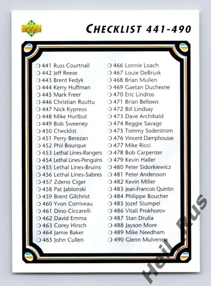 Хоккей Карточка Checklist/Чеклист коллекции 1992-1993 Upper Deck Hockey НХЛ/NHL