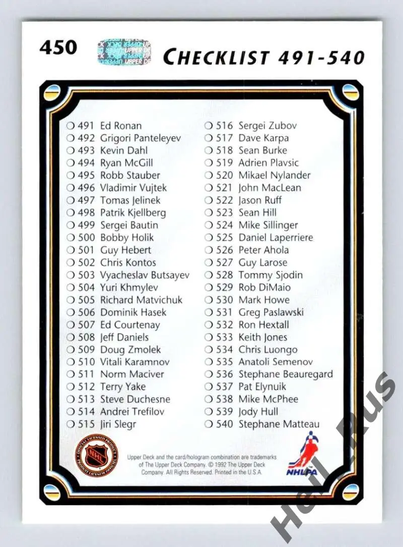 Хоккей Карточка Checklist/Чеклист коллекции 1992-1993 Upper Deck Hockey НХЛ/NHL 1