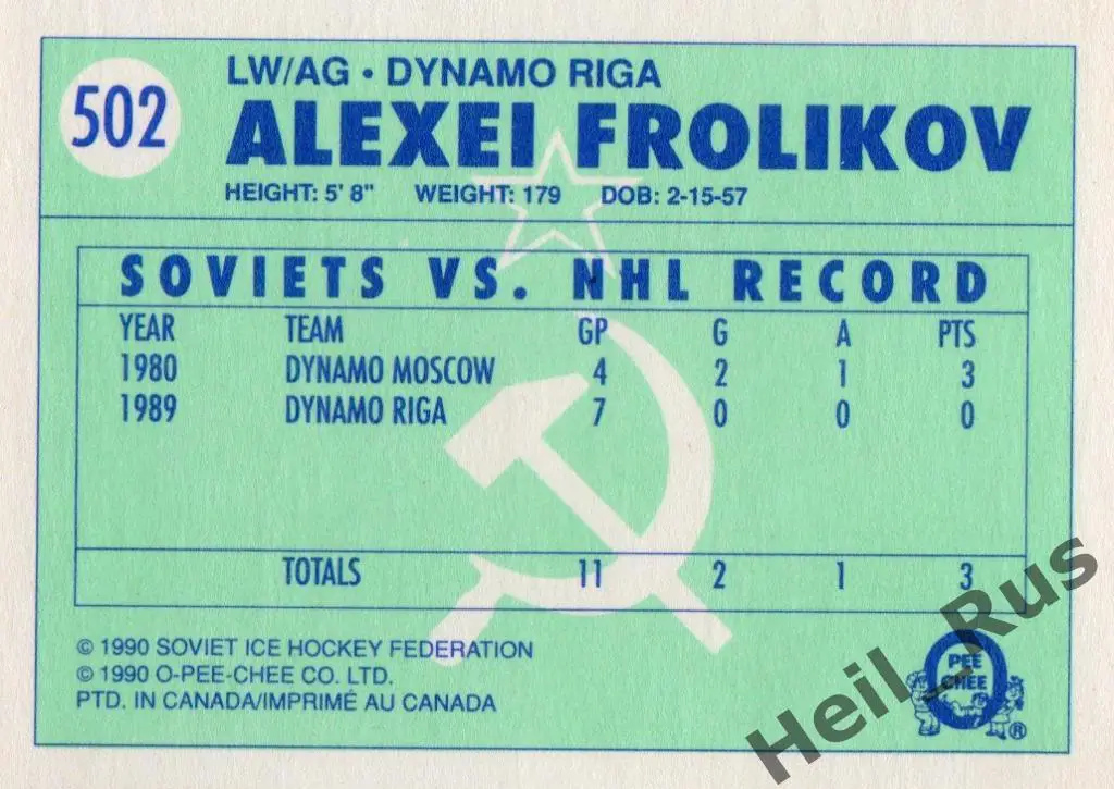 Хоккей Карточка Алексей Фроликов (Динамо Рига/Москва) НХЛ/NHL O-Pee-Chee 1990-91 1