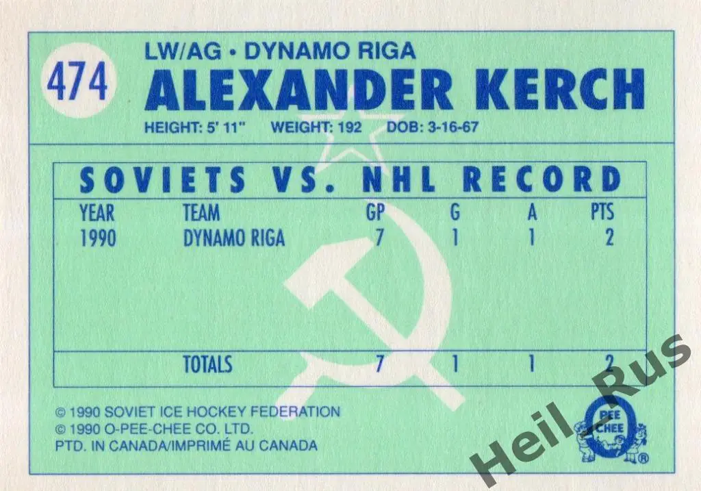 Хоккей Карточка Александр Керч (Динамо Рига, Химик, СКА, Молот-Прикамье) НХЛ/NHL 1