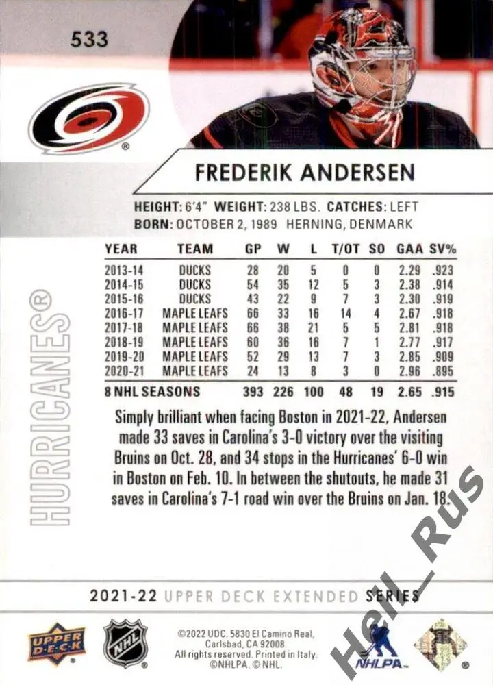 Хоккей. Карточка Andersen/Фредерик Андерсен Carolina Hurricanes/Каролина НХЛ/NHL 1