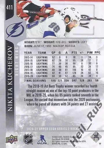 Карточка Никита Кучеров Tampa Bay Lightning/Тампа-Бэй Лайтнинг, ЦСКА NHL/НХЛ КХЛ 1