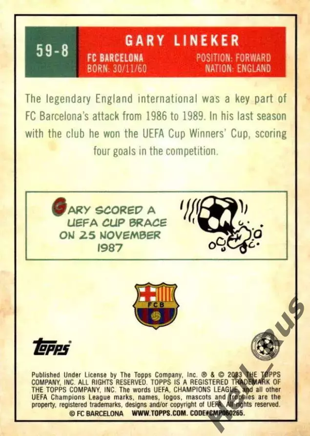 Карточка Гари Линекер Барселона, Тоттенхэм Хотспур Лига Чемпионов 2022-23 TOPPS 1