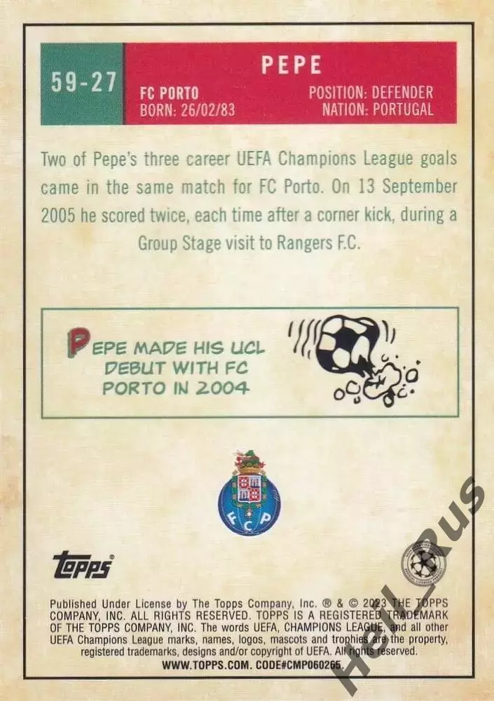 Футбол. Карточка Pepe/Пепе (Порту, Реал Мадрид, Бешикташ) Лига Чемпионов 2022-23 1