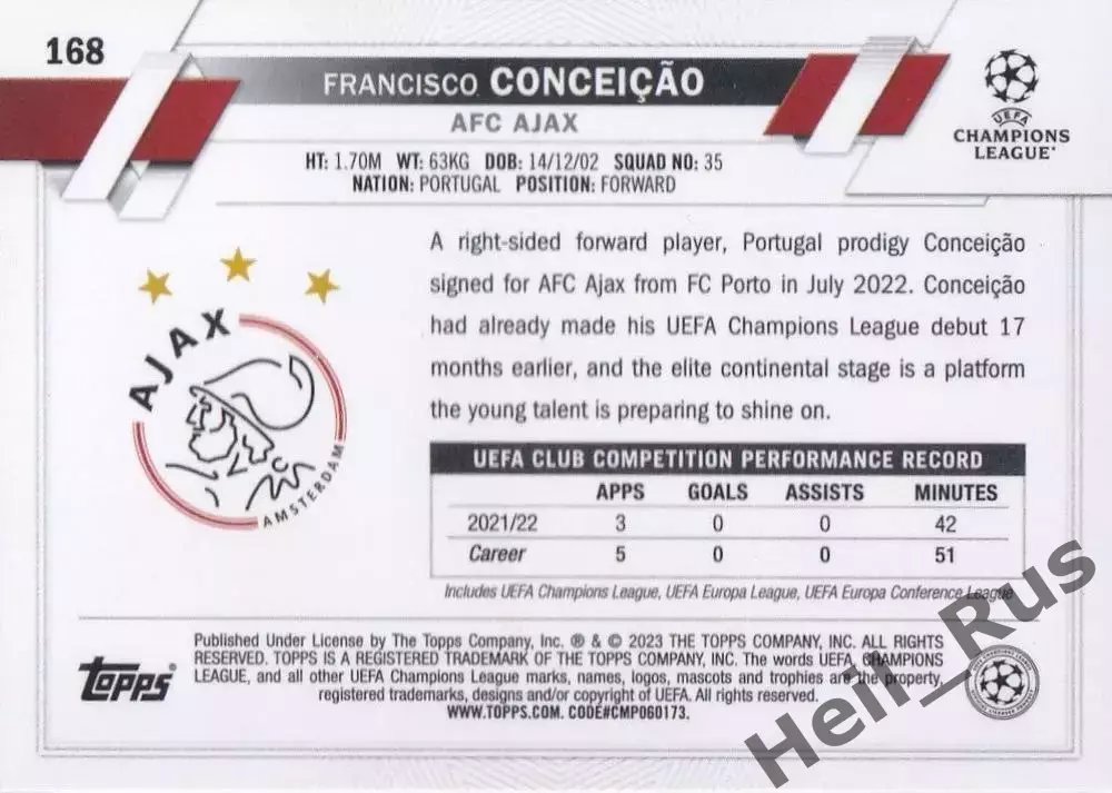 Карточка Франсишку Консейсау (Аякс, Порту, Ювентус) Лига Чемпионов 2022-23 TOPPS 1