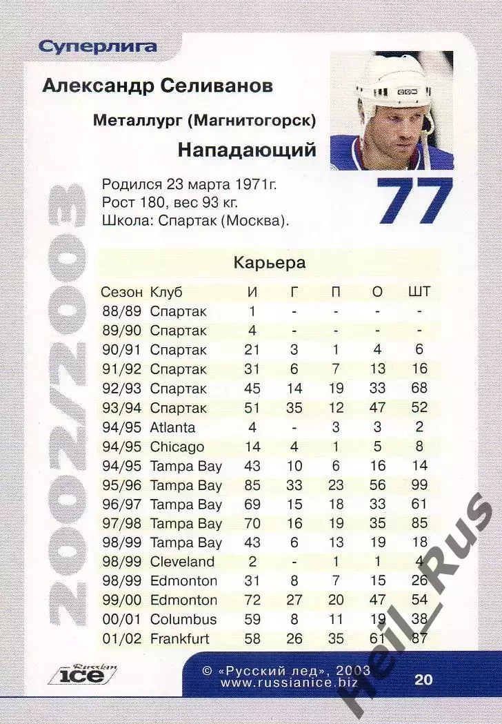 Хоккей Карточка Александр Селиванов Металлург Магнитогорск Русский Лед 2002-2003 1