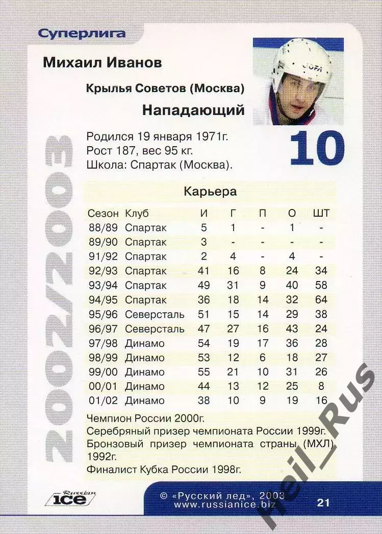 Хоккей. Карточка Михаил Иванов Крылья Советов Москва Русский Лед сезон 2002-2003 1