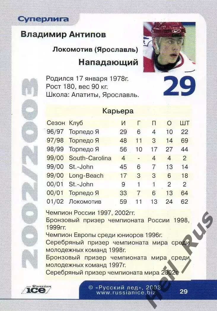 Хоккей Карточка Владимир Антипов Локомотив Ярославль Русский Лед сезон 2002-2003 1