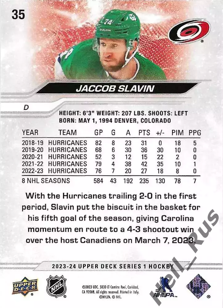 Карточка Jaccob Slavin/Джейккоб Слэвин (Carolina Hurricanes/Каролина) НХЛ / NHL 1