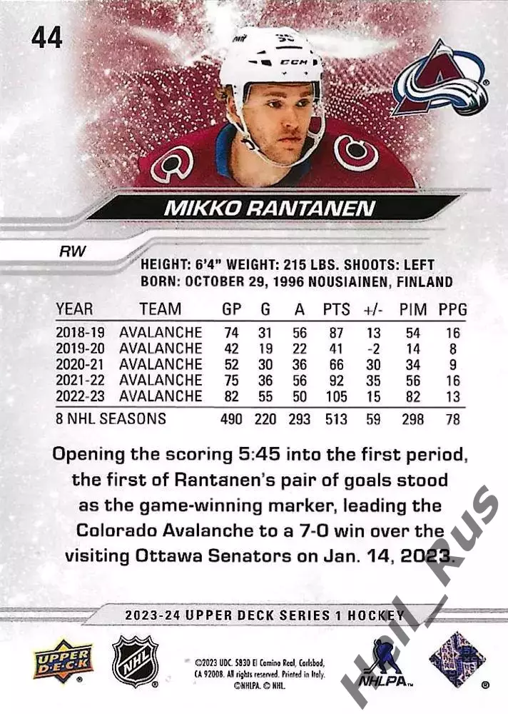 Карточка Mikko Rantanen/Микко Рантанен (Colorado Avalanche / Колорадо) НХЛ / NHL 1