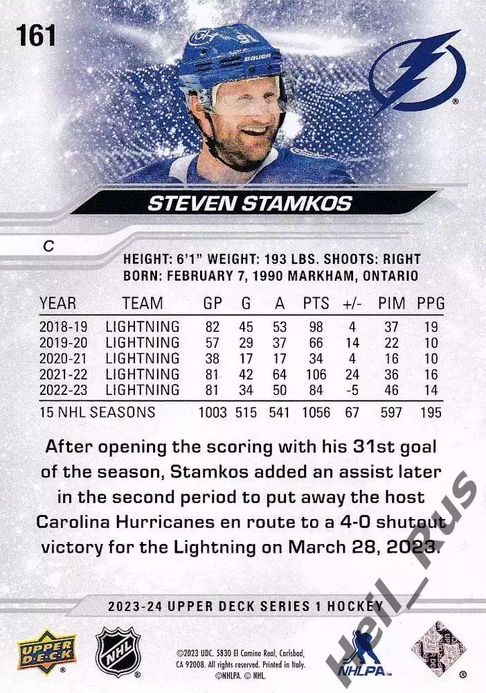 Карточка Steven Stamkos/Стивен Стэмкос (Tampa Bay Lightning/Тампа-Бэй) NHL/НХЛ 1