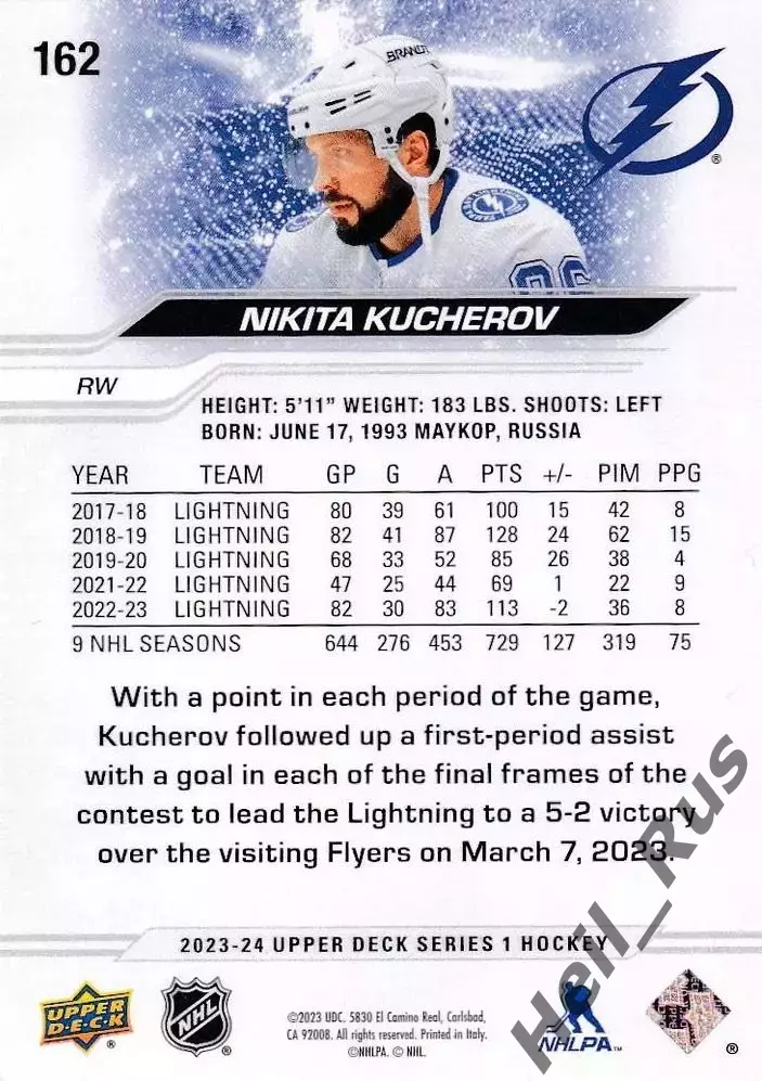 Карточка Никита Кучеров Tampa Bay Lightning/Тампа-Бэй Лайтнинг, ЦСКА НХЛ NHL КХЛ 1