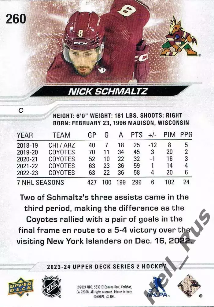 Хоккей Карточка Nick Schmaltz/Ник Шмальц Arizona Coyotes/Аризона Койотис NHL НХЛ 1