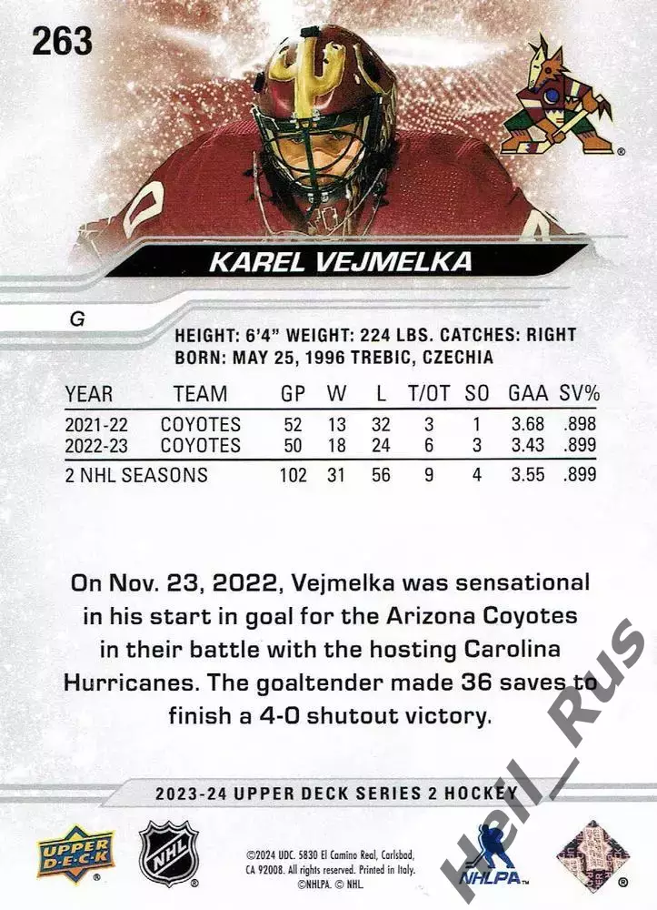 Карточка Karel Vejmelka/Карел Веймелка (Arizona Coyotes/Аризона Койотис) НХЛ/NHL 1