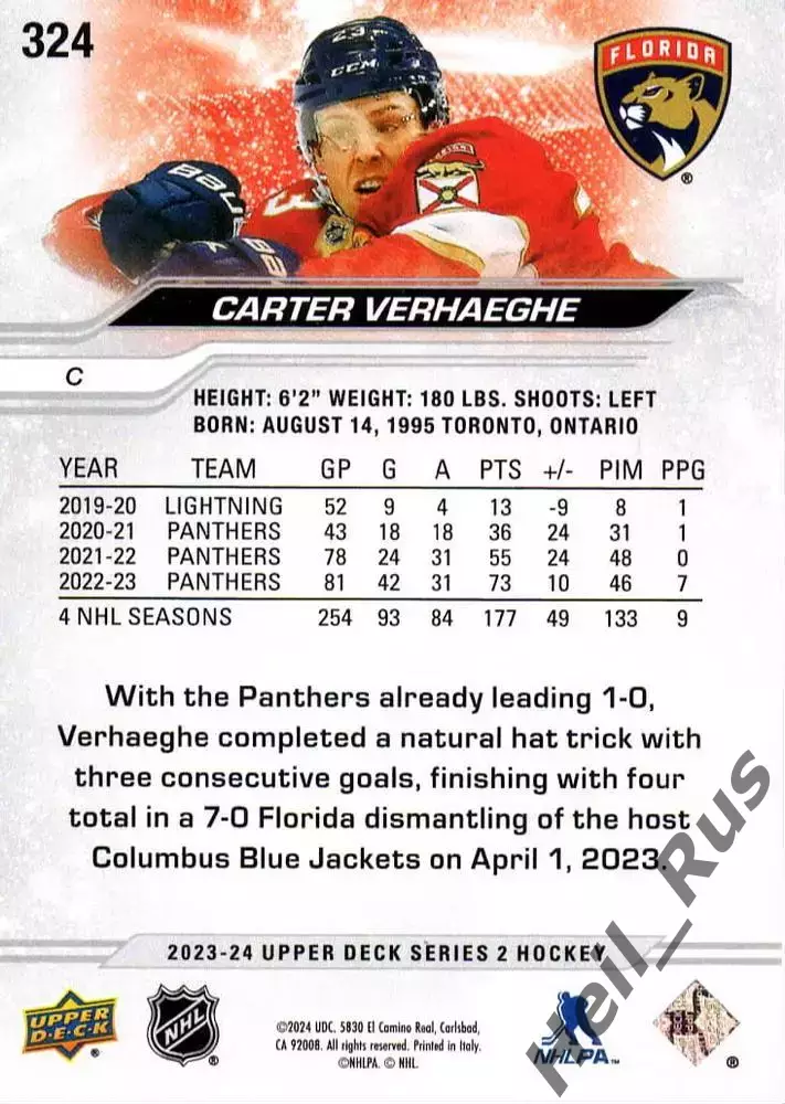 Хоккей Карточка Carter Verhaeghe/Картер Верхэге Florida Panthers/Флорида НХЛ NHL 1