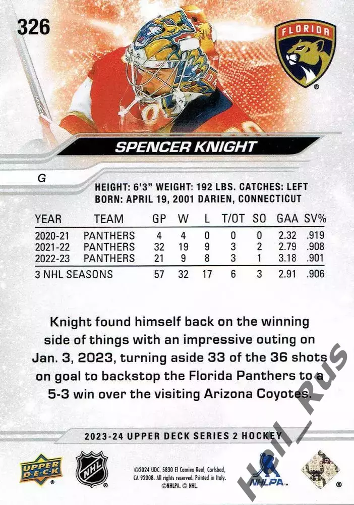 Карточка Spencer Knight/Спенсер Найт (Florida Panthers/Флорида Пантерз) NHL/НХЛ 1
