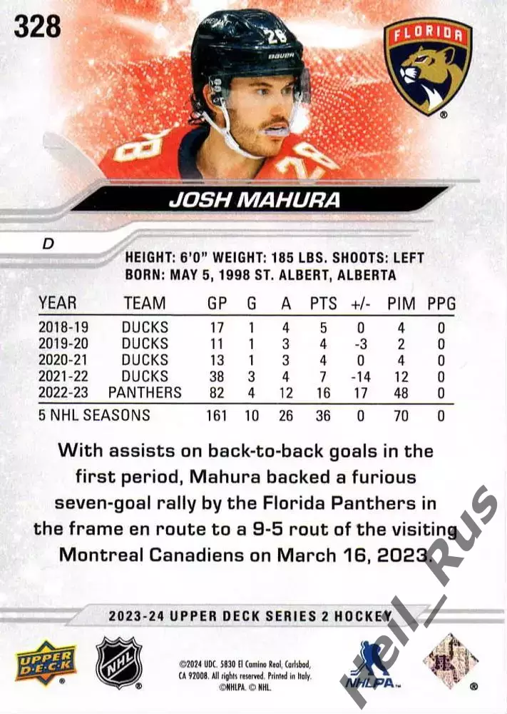 Карточка Josh Mahura/Джошуа Махура (Florida Panthers/Флорида Пантерз) НХЛ/NHL 1