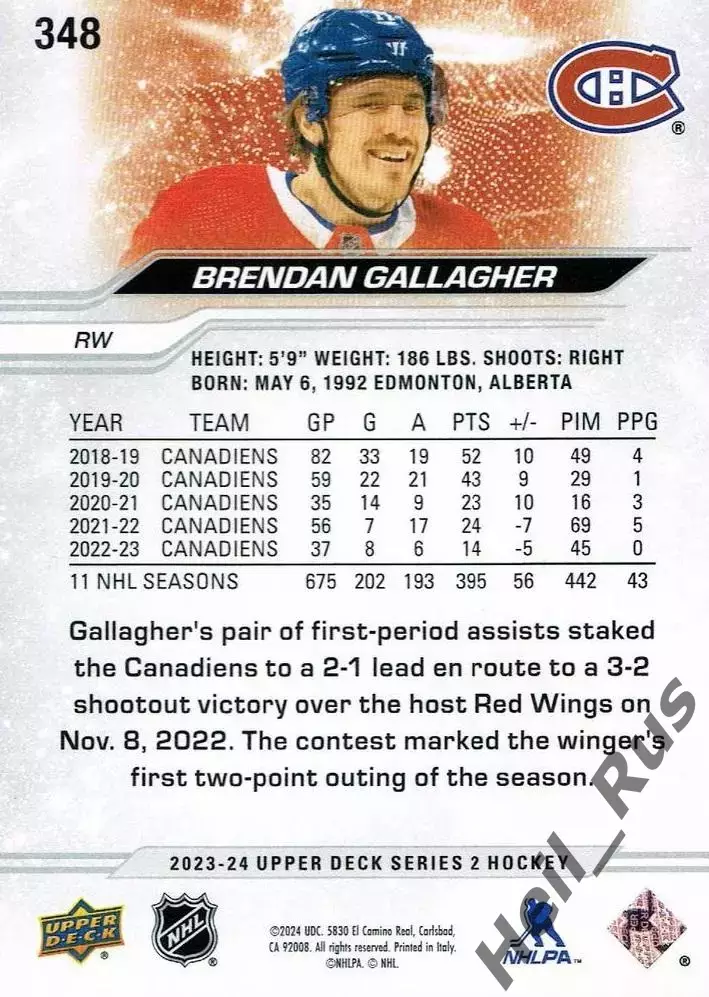 Карточка Brendan Gallagher/Брендан Галлахер Montreal Canadiens/Монреаль NHL-НХЛ 1