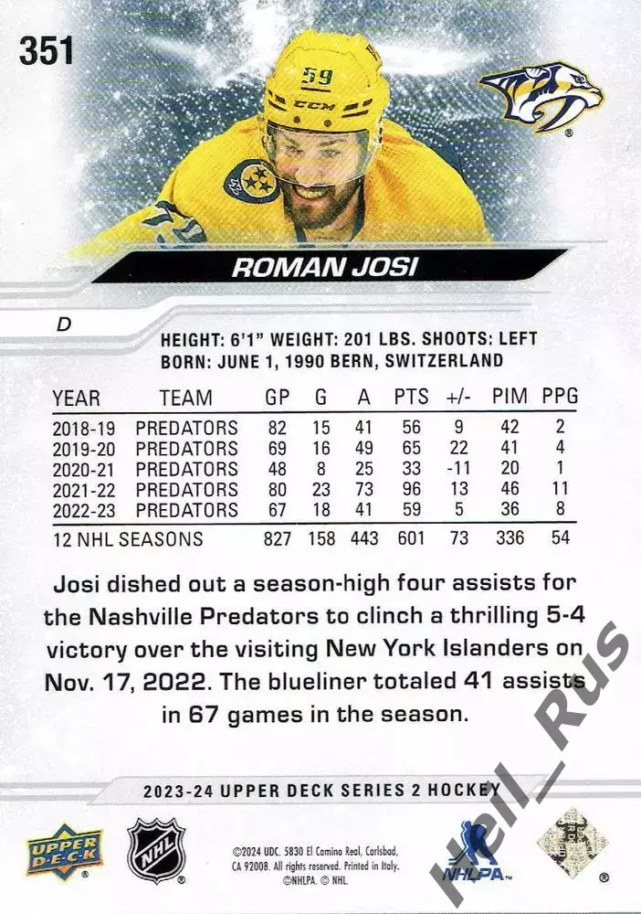 Карточка Roman Josi/Роман Йоси (Nashville Predators/Нэшвилл Предаторз) НХЛ/NHL 1