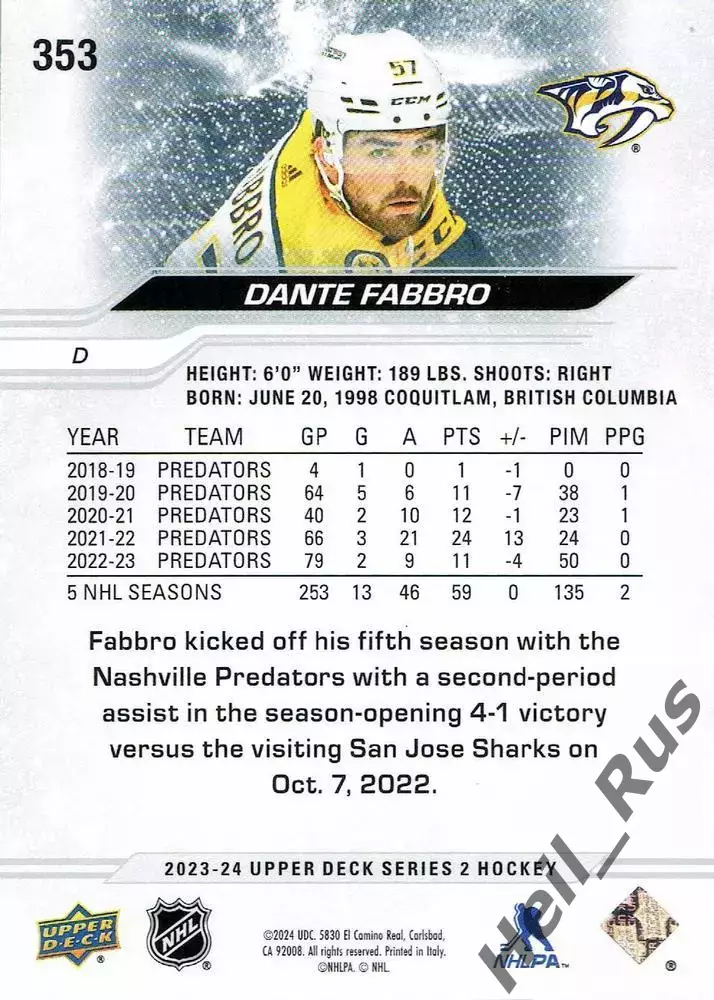 Карточка Dante Fabbro/Данте Фаббро Nashville Predators/Нэшвилл Предаторз НХЛ/NHL 1