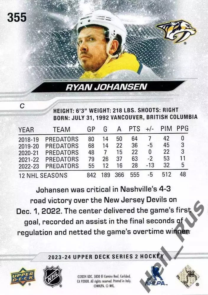 Карточка Johansen/Райан Джохансен Nashville Predators/Нэшвилл Предаторз НХЛ/NHL 1